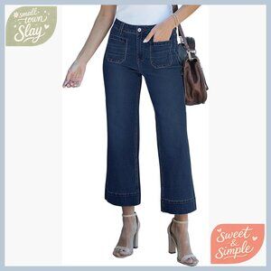 High Waisted Wide Leg Flare Jeans Cropped Stretchy Denim Pants